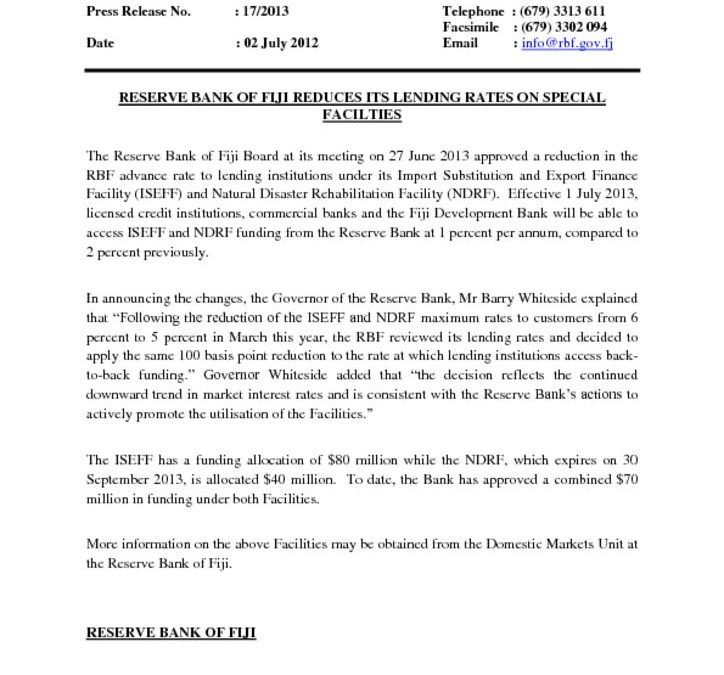 thumbnail of 1Press Release No 17 – Reserve Bank of Fiji Reduces Its Lending Rates On Special Facilities