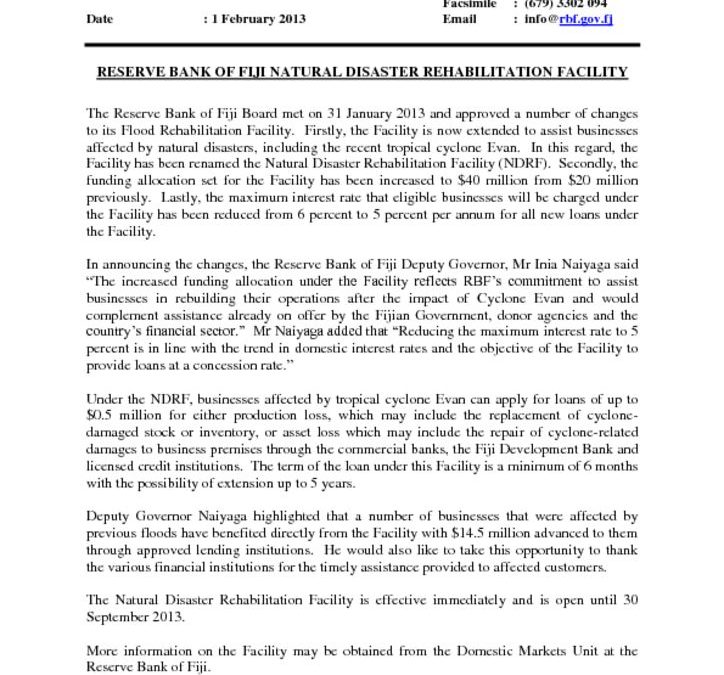 thumbnail of Press Release No 1 RESERVE BANK OF FIJI NATURAL DISASTER REHABILITATION FACILITY
