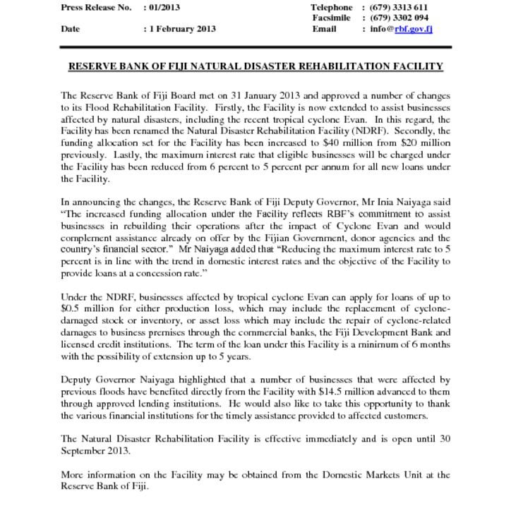 thumbnail of Press Release No 1 RESERVE BANK OF FIJI NATURAL DISASTER REHABILITATION FACILITY