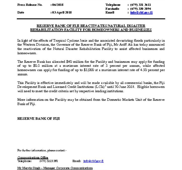thumbnail of Press-Release-No-6-Reserve-Bank-of-Fiji-Reactivates-Natural-Disaster-Rehabilitation-Facility-for-Homeowners-and-Businesses