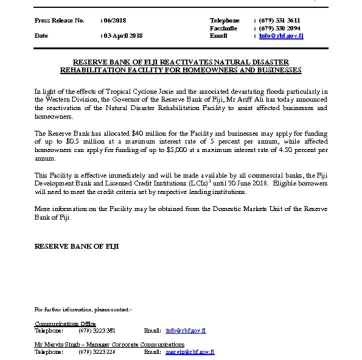 thumbnail of Press-Release-No-6-Reserve-Bank-of-Fiji-Reactivates-Natural-Disaster-Rehabilitation-Facility-for-Homeowners-and-Businesses